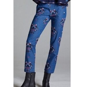 Anthropologie SVA‎ Sonam Paras Modi Boho Bird Floral Blue Denim Pants Size 10